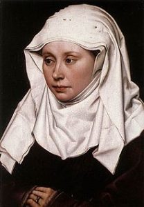 For fun — here is a wimple, as shown in Portrait of a Woman, circa 1430-1435, by Robert Campin (1375/1379–1444), National Gallery, London. The cloth is 4-ply and the pins holding it in place are visible at the top of the head